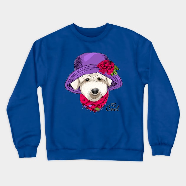 Dog with violet hat, flower and pink scarf Crewneck Sweatshirt by amramna